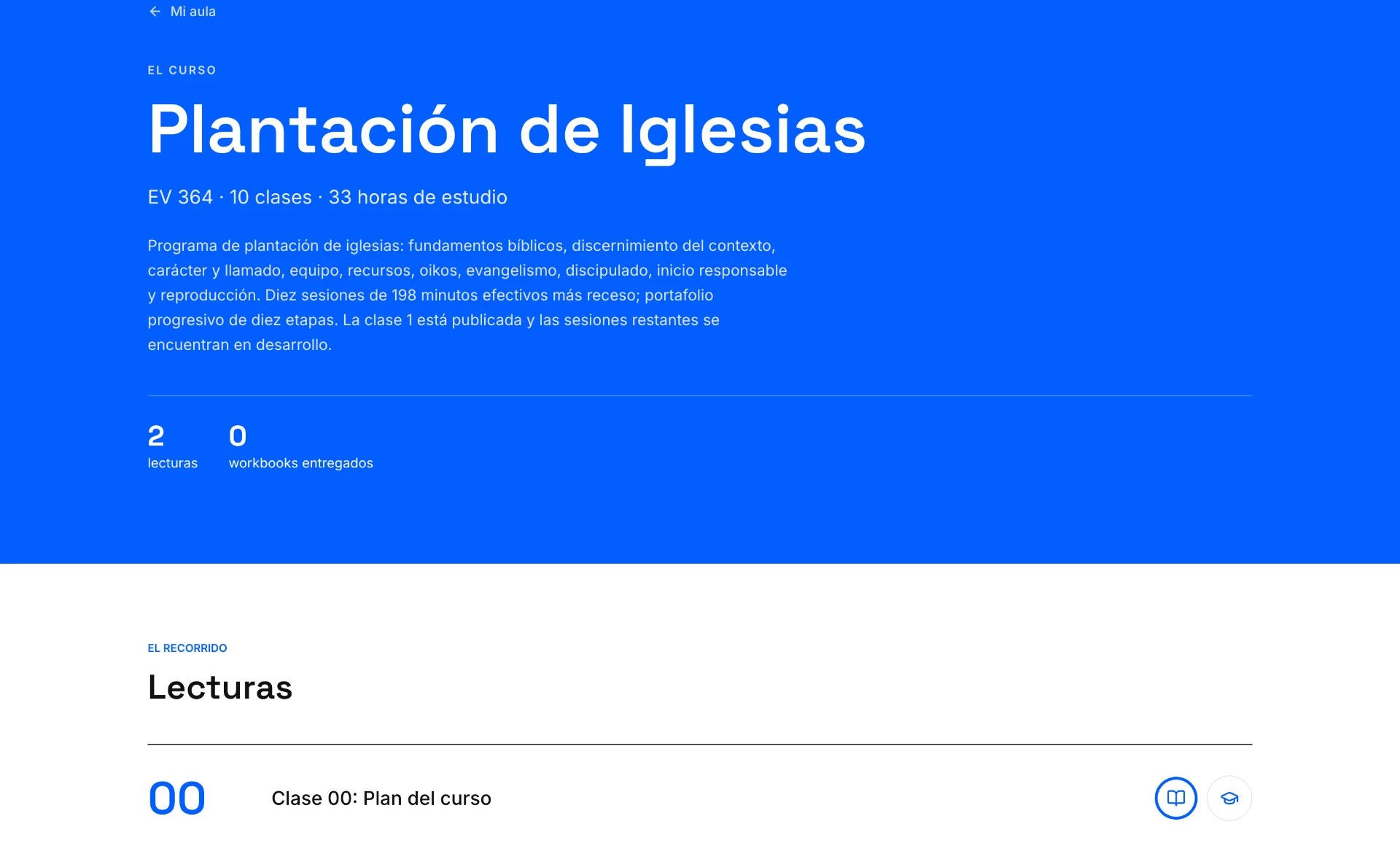 Portada de un curso en THEOS Aula con lecturas y workbooks entregados